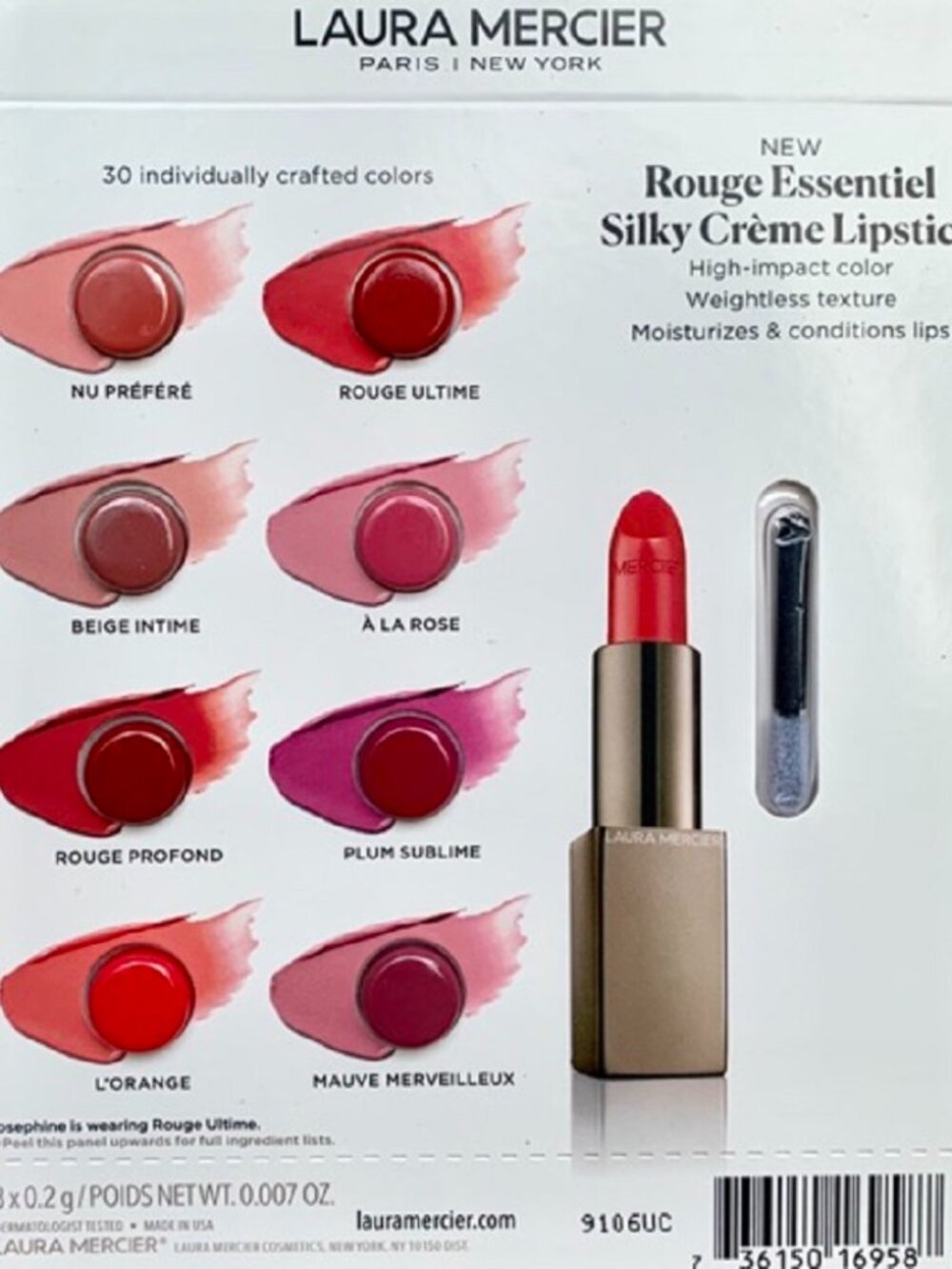 Laura Mercier Rouge Essentiel Silky Creme Lipstick Card 8 shades, lip wand brush